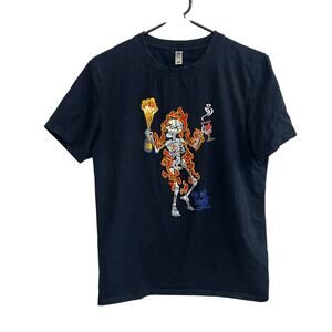 Y2K Grunge Skeleton Fire Tee Fifth Loop Graphic Shirt Navy Medium